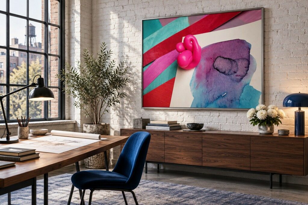 Kolorowe pasy w loftowym atelier