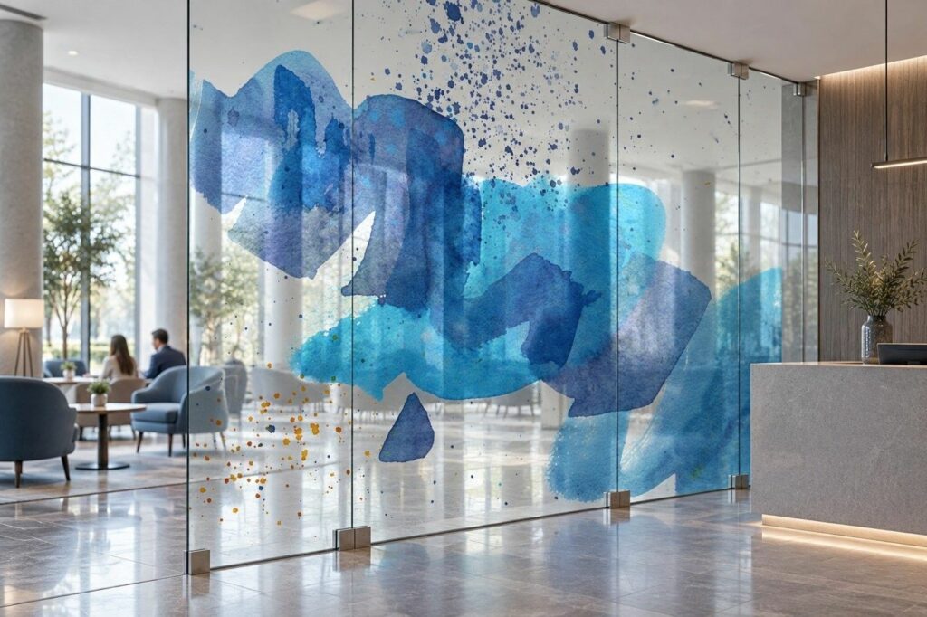 Szklana przegroda w hotelowym lobby