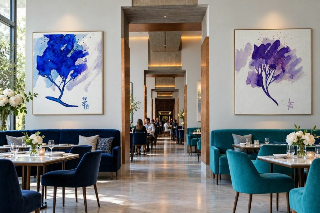 Dwie akwarele po obu stronach przejścia w restauracji
