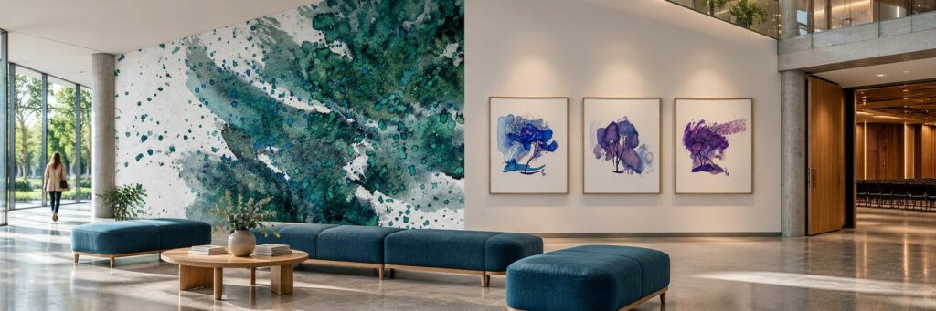 Akwarelowa ściana w panoramicznym foyer hotelu