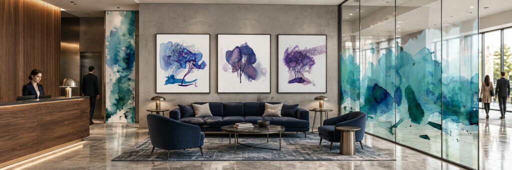 Szklana przegroda z akwarelą w hotelowym lobby