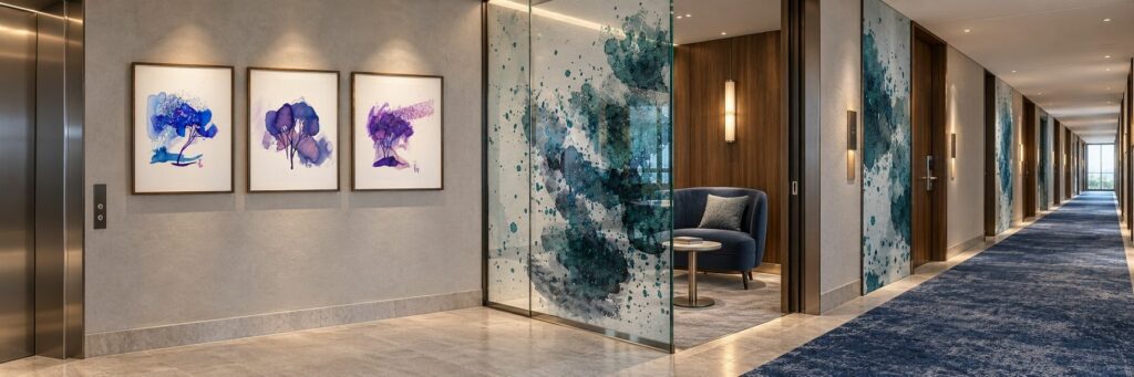 Korytarz hotelowy ze szklaną ścianą z nadrukiem