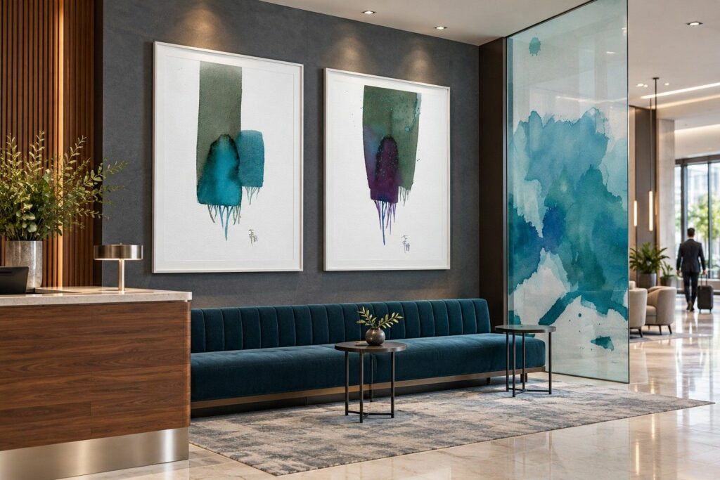 Podświetlany panel z akwarelą w lobby