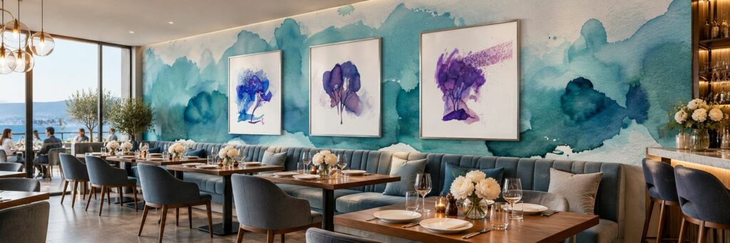 Turkusowa tapeta z akwarelą w hotelowej restauracji
