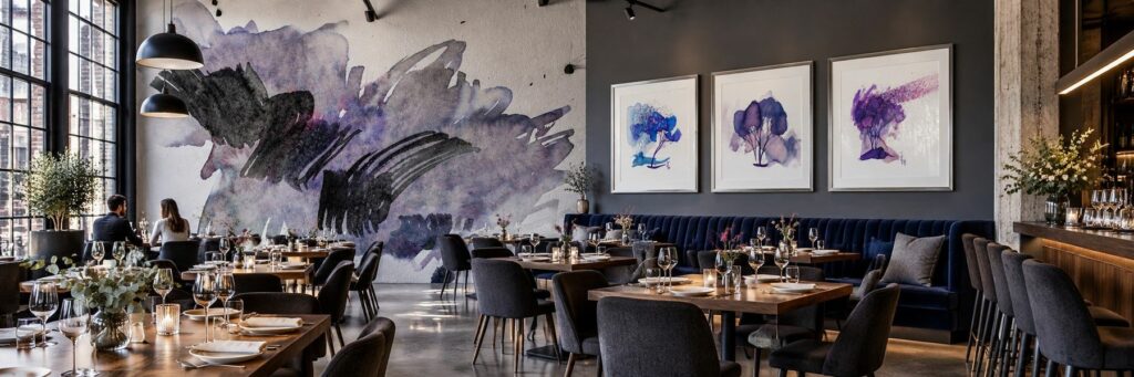 Mural z akwarelą w loftowej restauracji