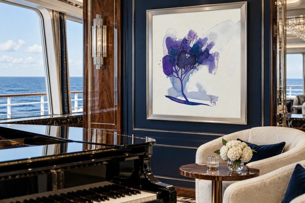 Akwarela w salonie art déco z fortepianem